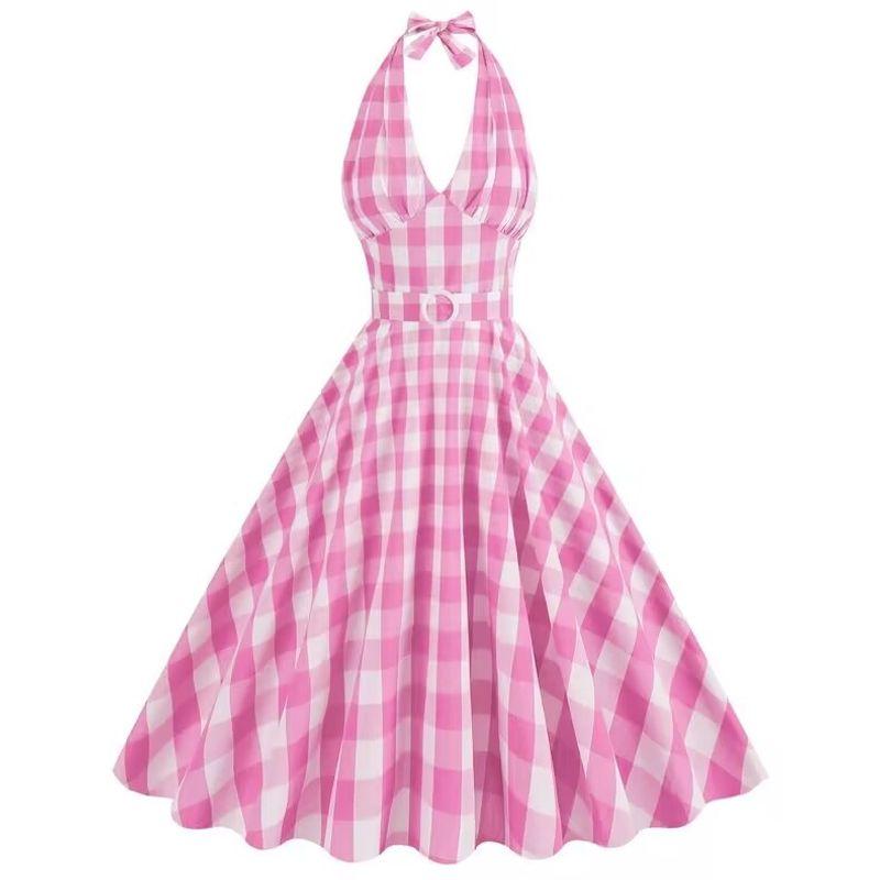 

V Neck Plaid Barbie Pink Sleeveless Slim Dance Halter Pink(Buttons) 2XL