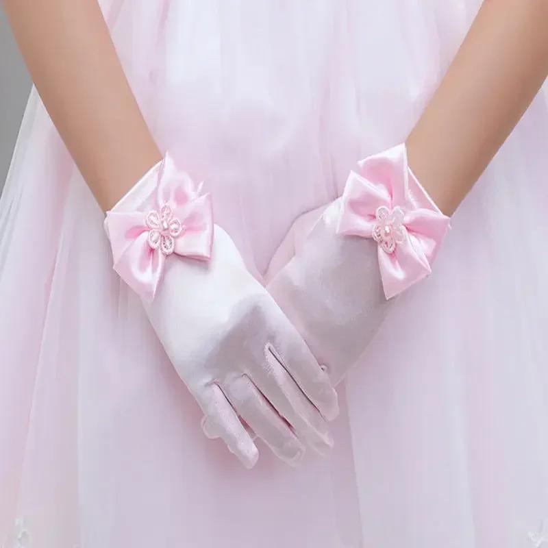 New Sweet Satin Flower Child Gloves White Gloves for Kids Children Girls Wedding Gloves with Bow Kids Fashion Children's Mittens