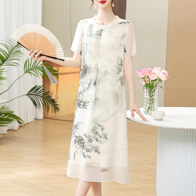 Elegant Summer Chiffon Dress: Chinese Style, Short Sleeves, Loose Plus Size for Middle-Aged and Elderly Women