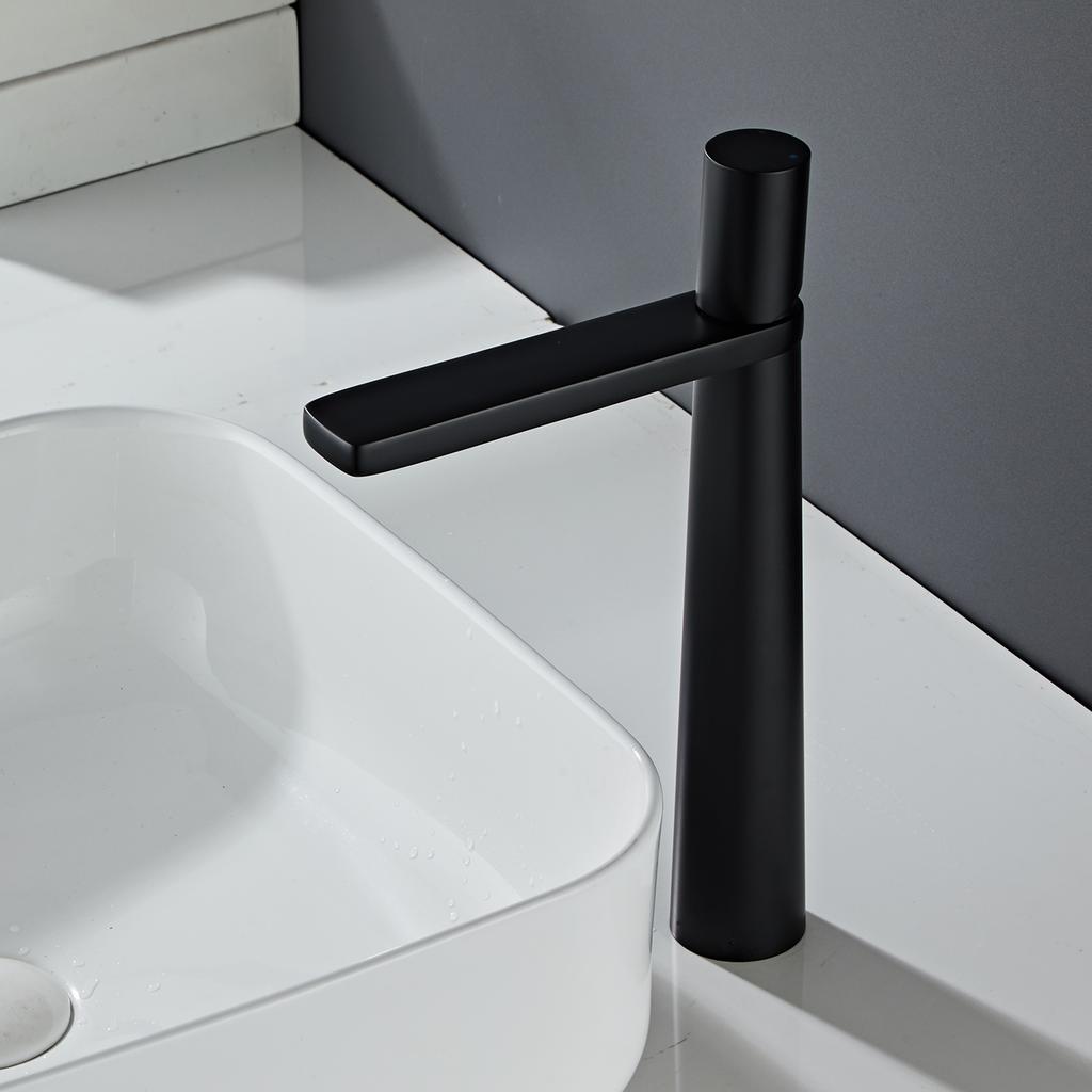 Matte Black Single Handle Hot and Cold Deck Mounted Tall Brass Sink Mixer Round Bathroom Modern Wash Basin Faucet Tap