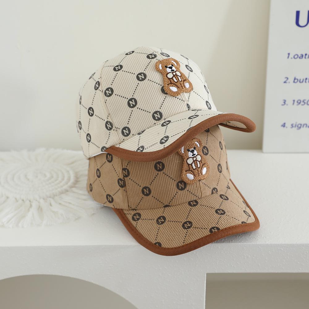 Kids' Autumn/Winter Corduroy Bear Patch Fisherman Hat - Korean Style Graffiti Duckbill Baseball Cap