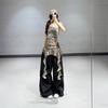Vintage Leopard Print Design Pleated Tooling Paratrooper Pants Women's Summer Wide-leg Hip-hop Jazz Pants