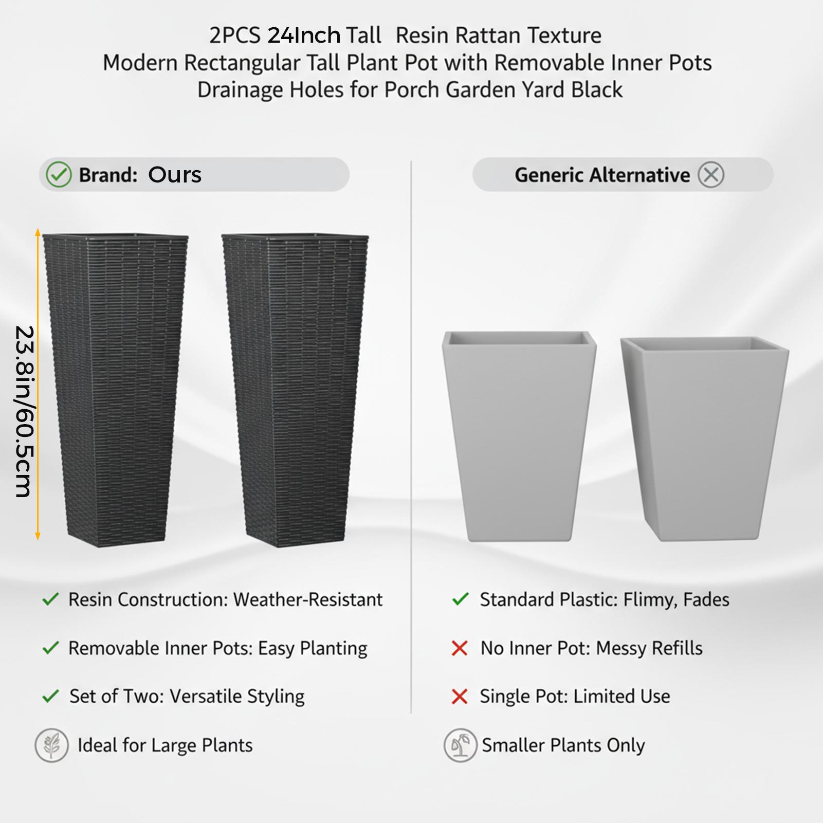 

2pcs Resin Tall Plant Pots Large Tapered Flower Pots with Drainage Holes Removable Inner Pot for Garden Patio Porch