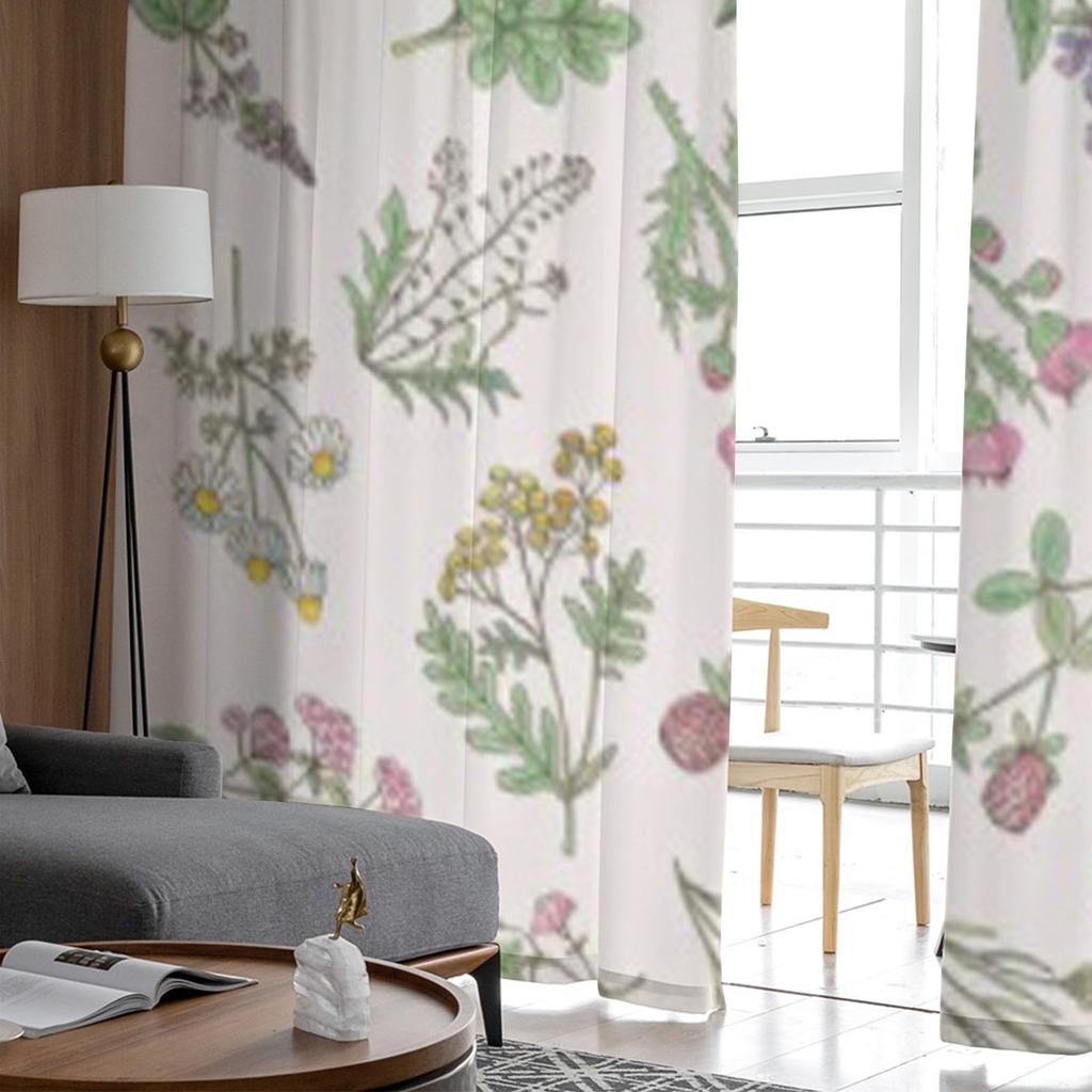 Verschiedene handgezeichnete Kräuter und Blumen auf zarten rosa Chiffon-Transparentgardinen Wohnzimmer Schlafzimmer Fenster Voiles Tüllvorhang