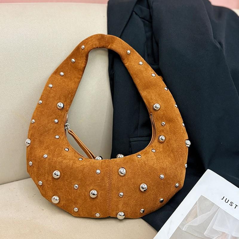 Vintage Rivet Faux Suede Halfmoon Women Shoulder Bags Designer Punk Lady Handbags Luxury Pu Leather Underarm Bag Small Purse2025
