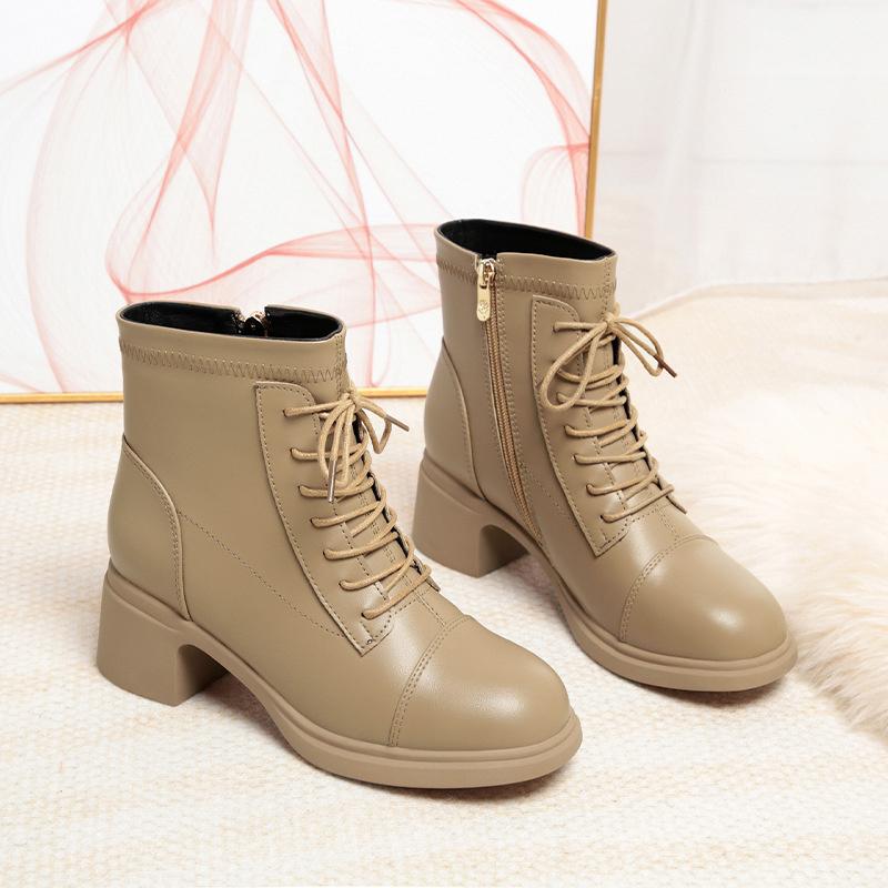 Women Casual Motorcycle Ankle Boots Thick Sole Plus Fleece Lace Up Autumn Winter Knight Outdoor New Short Leather Boots