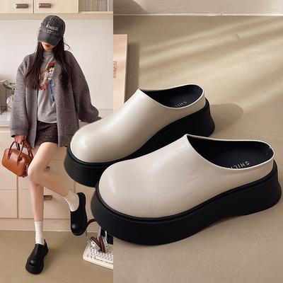Damen Baotou Slipper Frühling Neu Runde Zehenpartie Tiefer Ausschnitt Dicke Sohle Rutschfest Verschleißfest Hochhackige Sandalen