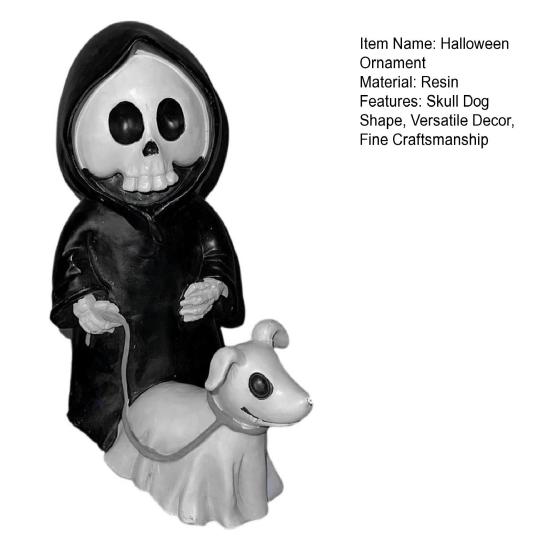 Halloween Ornament Skull Grim Reaper Walking Dog Figurine Decorative Skeleton Statue Courtyard Balcony Garden Sculpture