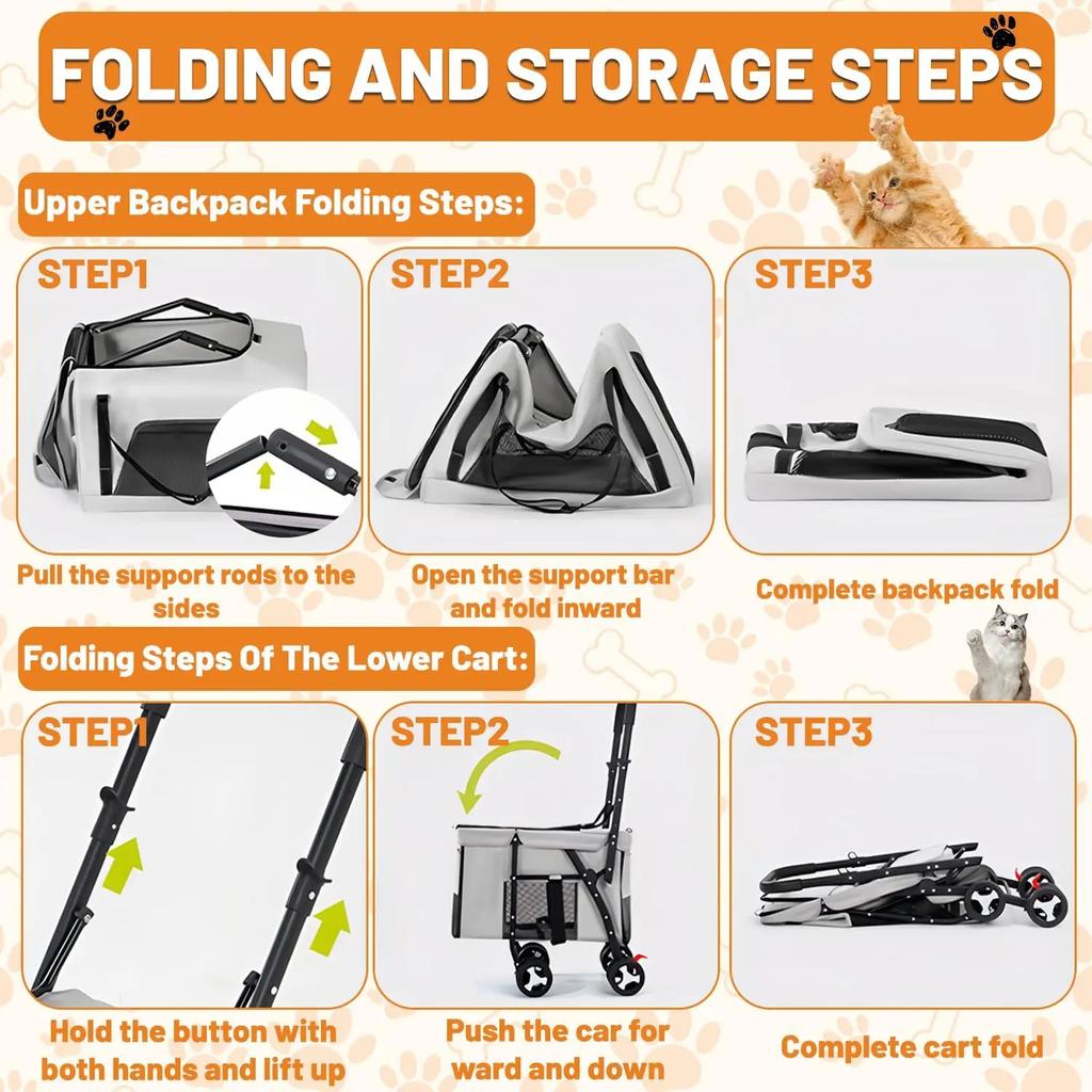 Pet Travel Carrier Strolling Cart Double Pet Stroller for Dog Cats Quick-Folding Dog Stroller Carrier with Detachable Carriers