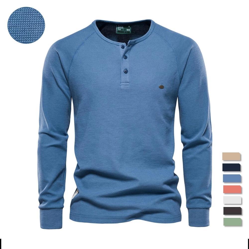 

Мужская вафельная футболка, новинка 2022 года, осенняя футболка с воротником-хенли и длинными рукавами, простые дышащие мужские футболки, одноцветные топы для мужчин