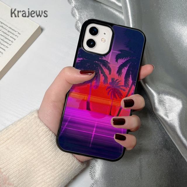 80s Retrowave Neon Palms Tree Soft Phone Case Cover For iPhone 17 Air 16 15 14 Plus 12 13 Pro Max Coque Fundas