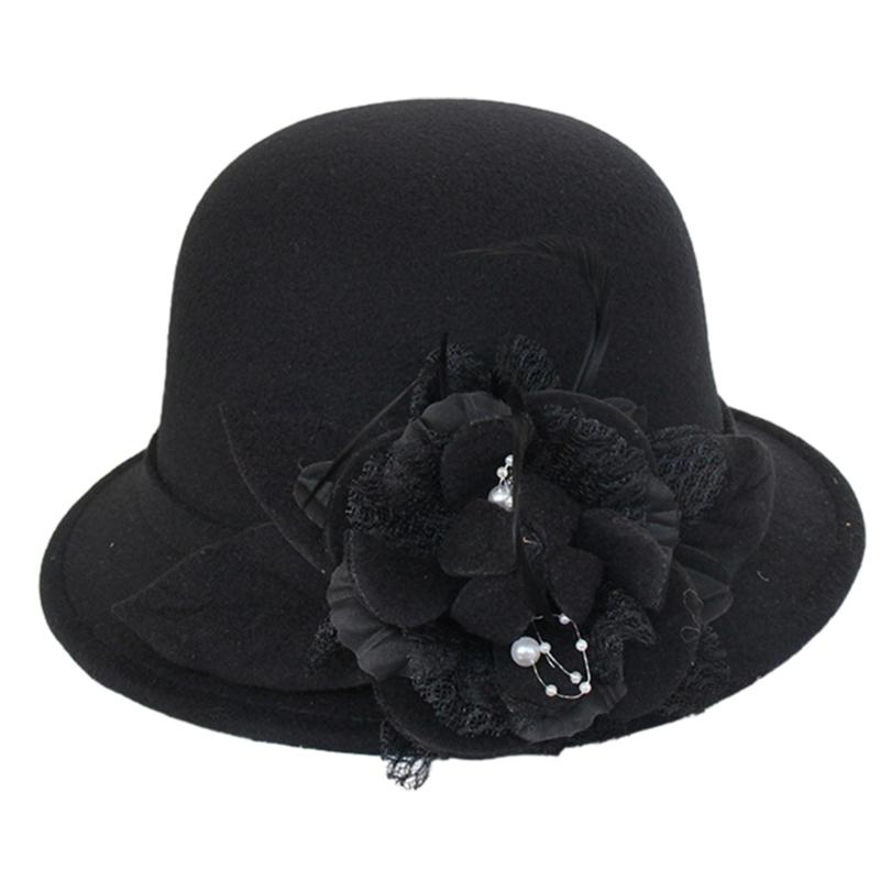 

Flower Derby Hat for Woman Teenagers Halloween Carnivals Felt Derby Hat Spring Summer Sunproof Hat with Feather Decors чорний