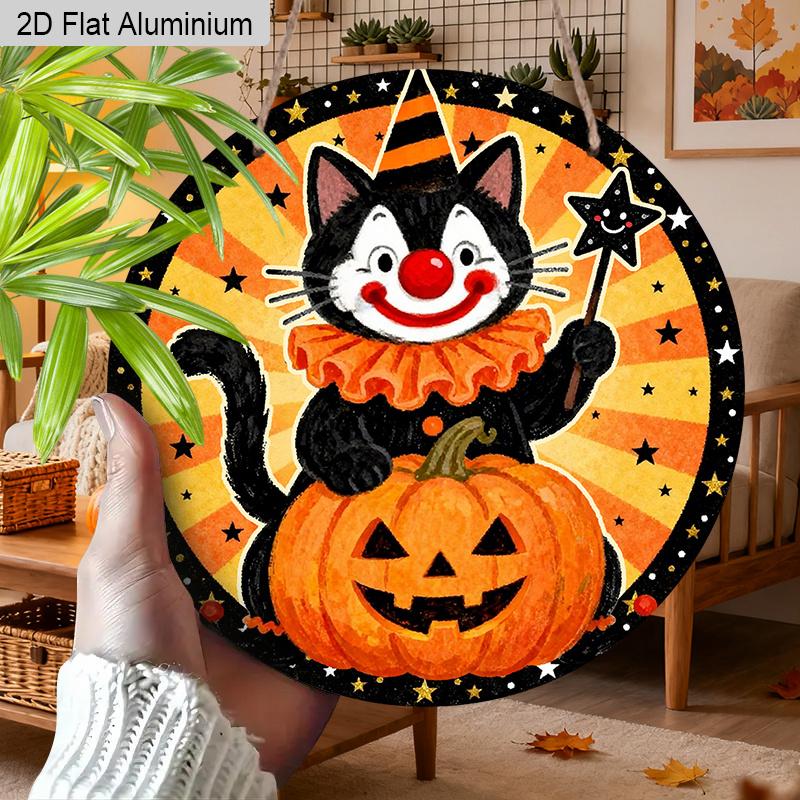 2D Flat Aluminium Halloween Sign with Black Cat & Pumpkin Pattern - Halloween Figurine Ornaments - Ideal for Front Door, Wall, Porch, Fence Decor