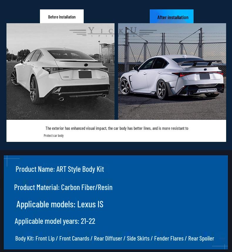 21-22 Lexus IS Carbon Fiber Body Kit: Front Lip, Side Skirts, Wide Fender Flares, Rear Lip, Tail Wing ART.