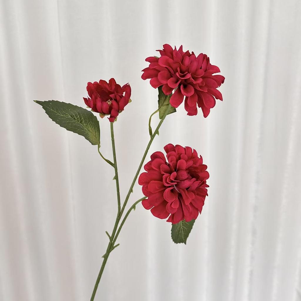 3-Head Dahlia Simulated Flower Silk Flower Fake Flower Dark Fragrant Ball Chrysanthemum Home Decoration Wedding Hall Flower Arrangement