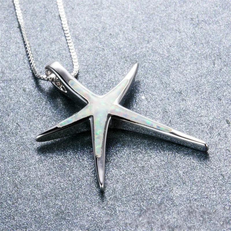 Boho Cute Sea Animal Starfish Pendant Necklace For Women Inlay Imitation Blue Opal Necklace Wedding Party Jewelry Gifts