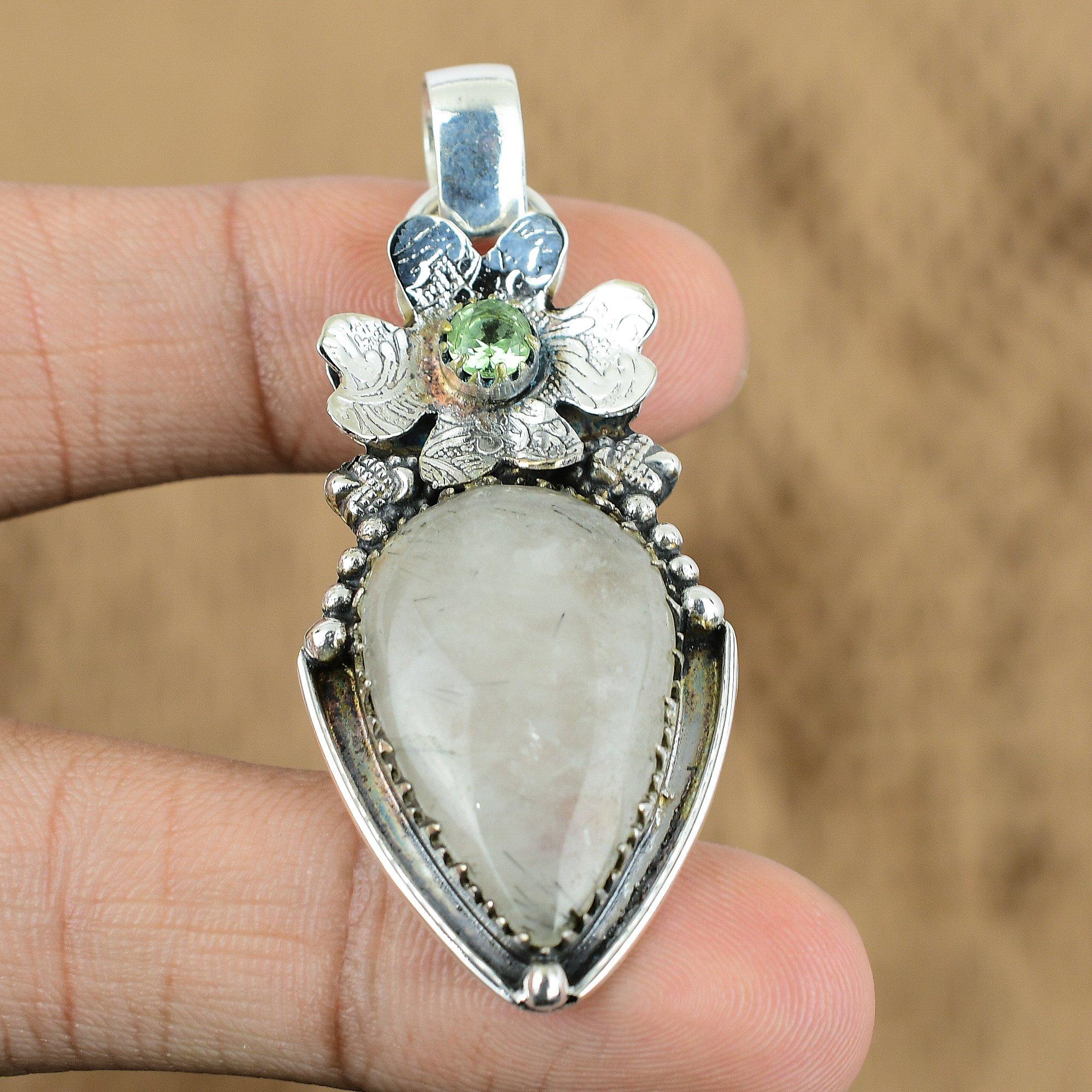 

Pear Black Rutile Stone Green Amethyst 925 Silver Flower Wedding Pendant Jewelry