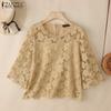 ZANZEA Women Summer Round Neck 3/4 Sleeve Casual Patchwork Lace Crochet Blouse