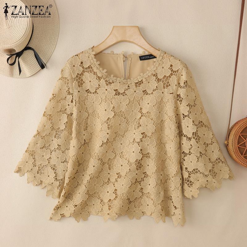 ZANZEA Women Summer Round Neck 3/4 Sleeve Casual Patchwork Lace Crochet Blouse