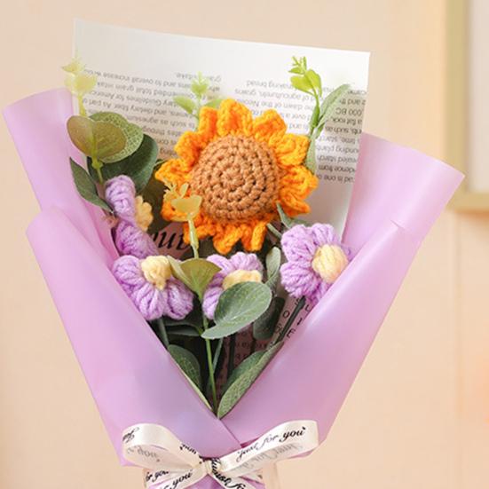 Háčkovaná Kytice Květin s LED Světlem DIY Ručně Pletený Slunečnicový Ozdoba Příze Květinová Dekorace Dárek ke Dni Matek Narozeninám