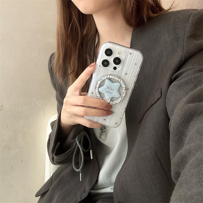 Korean-Style Blue Brown Star Patchwork Magnetic Case for iPhone 17/16 Pro Max/15/14