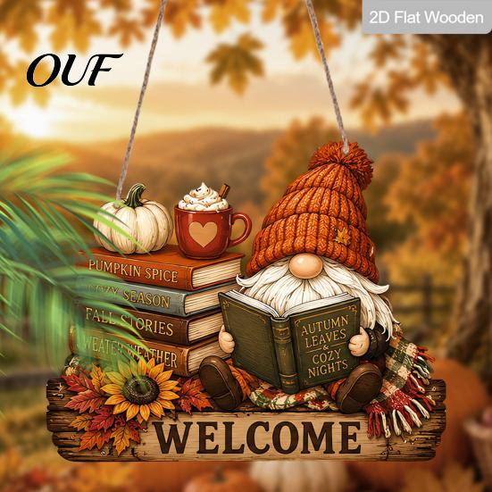 Thanksgiving Holiday Ornament Fall Wooden Sign Door Hanger, 2D Sunflower Pumpkin Gnome Wall Indoor Outdoor Art Plaque, Rustic Farmhouse Autumn Hanging