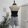 Women's Halter V-Neck Denim Vest: Body-Hugging, Elastic Back, Short, Sleeveless Top. Style 830.