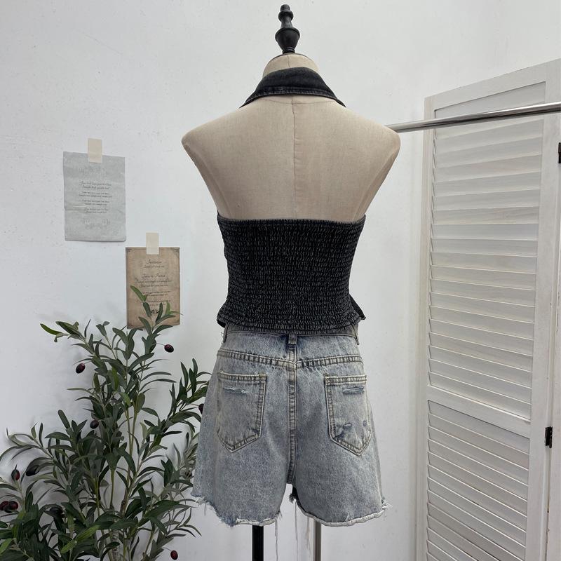 Women's Halter V-Neck Denim Vest: Body-Hugging, Elastic Back, Short, Sleeveless Top. Style 830.
