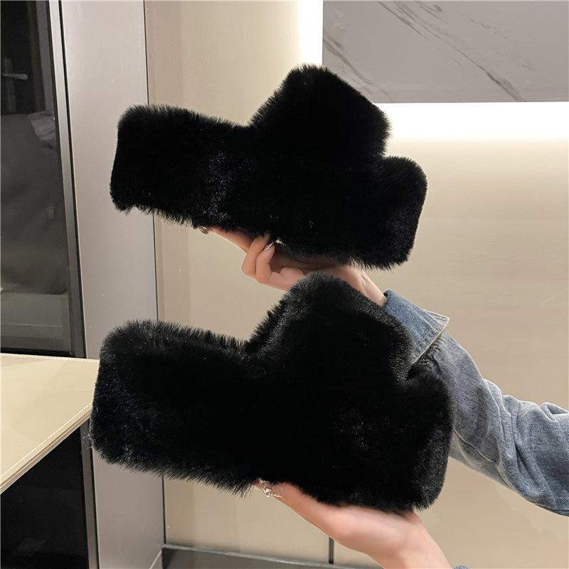 Super high heel fluffy slippers women's outer wear 2025 new autumn and winter thick bottom small man height increase home indoor cotton slippers