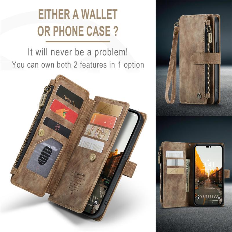 CaseMe Flip Leather Phone Case For iPhone 17 Pro Max 16 Plus 15 14 13 12 11 XS XR X Samsung S26 S25 FE S24 Ultra S23 S22 S21 Zipper Wallet Cards Cover