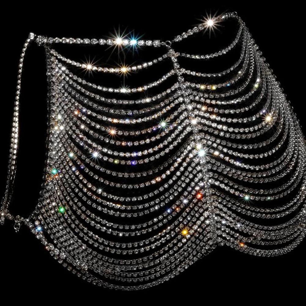 Xqwewanticedd Women's Gold/Silver European And American Cross-Mirror Sexy Exaggerated Rhinestone Body Chain, Nightclub Hollow Tassel Diamond Hip Chain Waist Chain