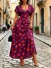Luxury Purple Red Abstract Spot Print V-Neck Dress, Flutter Sleeve Slim Elegant Maxi for Office & Business