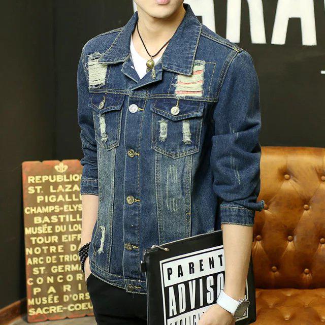 Pánská džínová bunda kabát slim fit v korejském stylu
