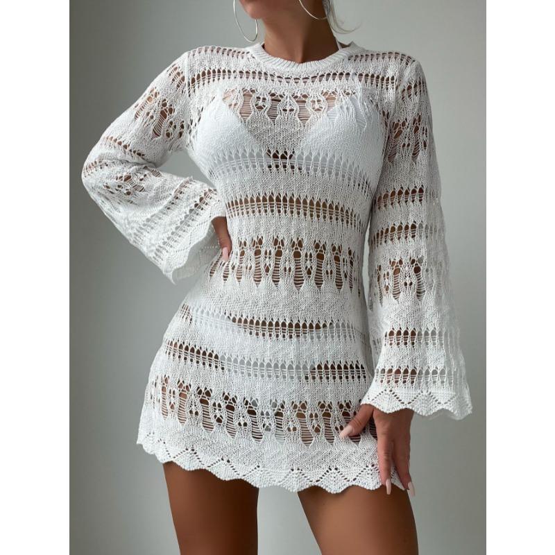 Summer Sexy See Through Beach Dress New Women Hollow Out Mesh Long Sleeve Cover Up Loose Sun Protection Vacation Bikini Cover Up Short Dress 265
