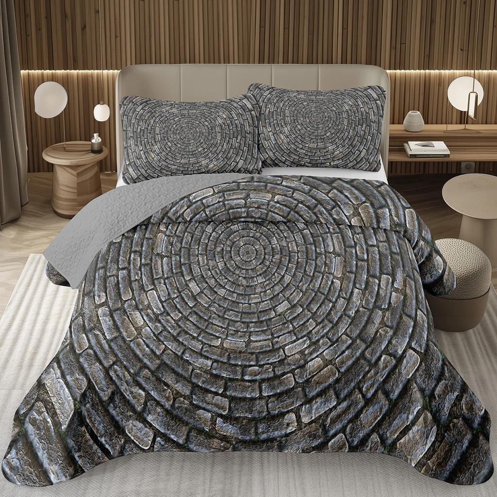 Pebble Quilt Set 3D Stone Gravel Queen Twin Bedspread Set - Garden Cobble Print Coverlet Sets Modern Artwork Quilted Bedding