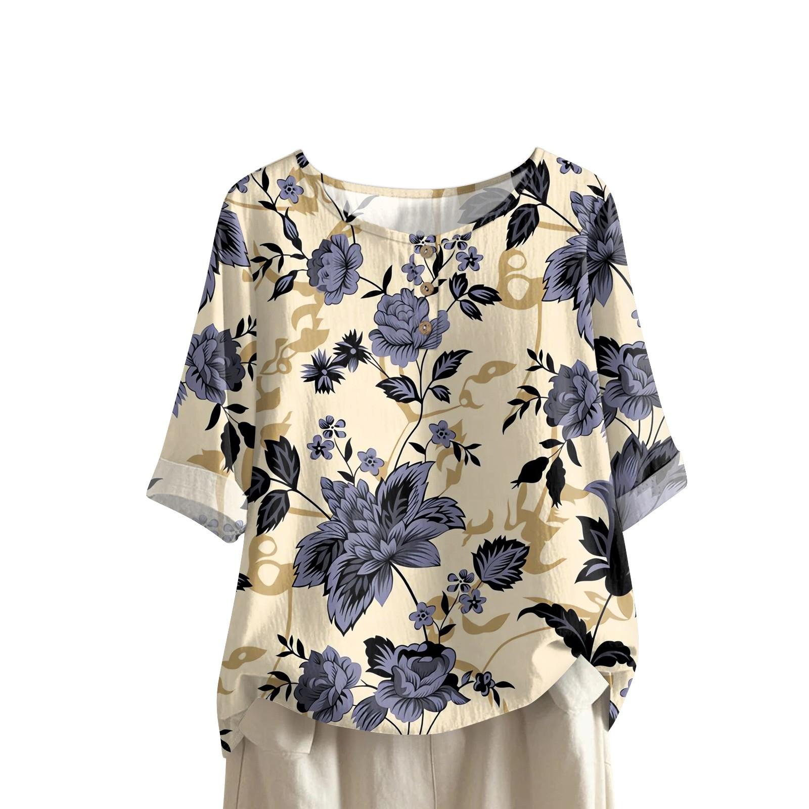 

Women s Fashionable And Casual Shirt Half-sleeve Round Neck Print Cotton And Linen Blouse Top L бежевий