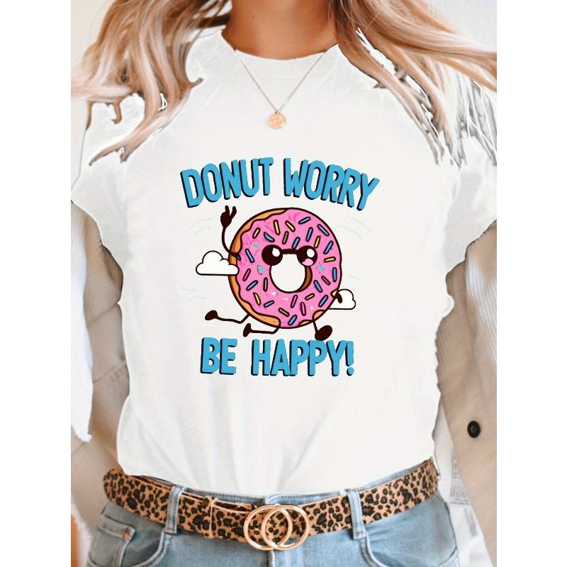 

Print T-shirt, Short Sleeve Crew Neck Casual Top For Summer & Spring, Women s Clothing S белый