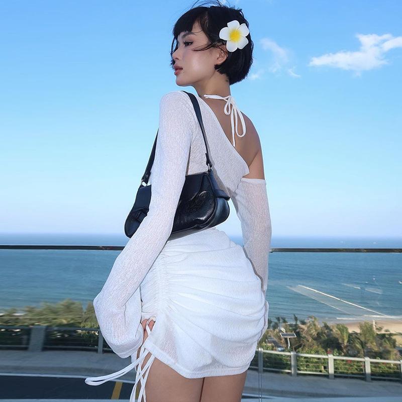 European and American spring and summer slanted shoulder long sleeved hooded dress, sexy perspective pleated dress for women