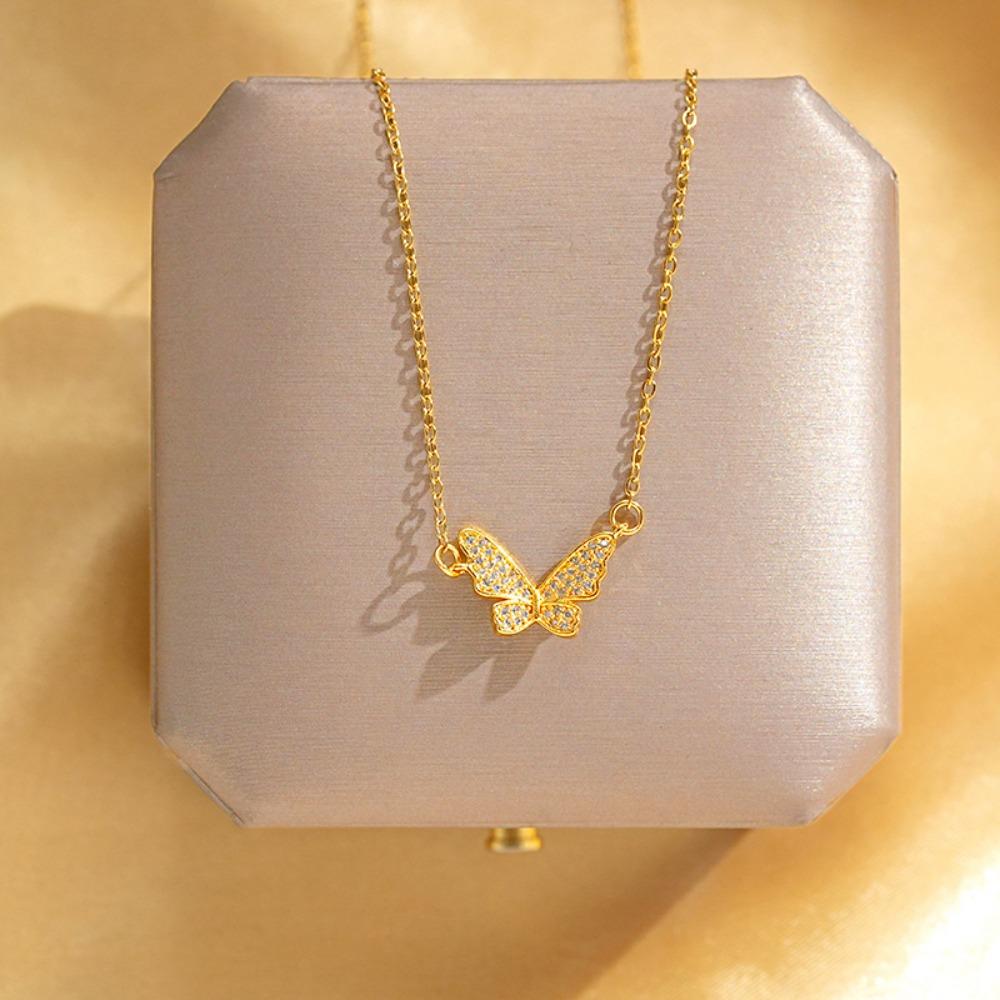 2026 Sparkling Full Zircon Butterfly Necklace - Gold Plated Titanium Steel Delicate Collarbone Chain for Women Fairy Jewelry