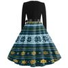Women's Casual Vintage V-Neck Long Sleeve Dress with Christmas Print