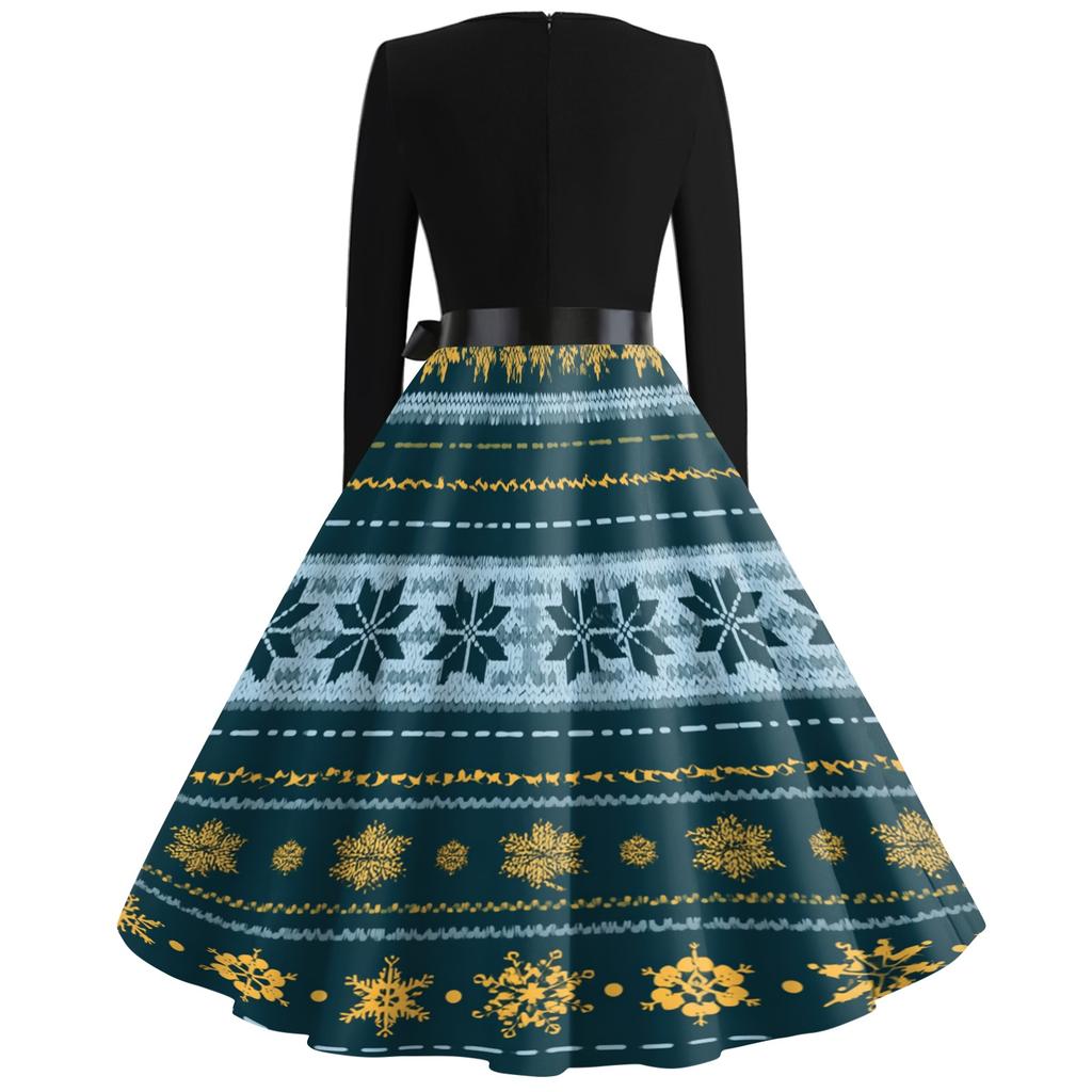Women's Casual Vintage V-Neck Long Sleeve Dress with Christmas Print