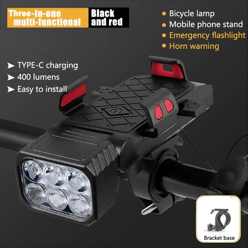 3-in-1 Bicycle Front Light with Horn & Phone Holder 6 LED Bike Light 2400mAh Bike Headlight Flashlight for Night Safety Riding