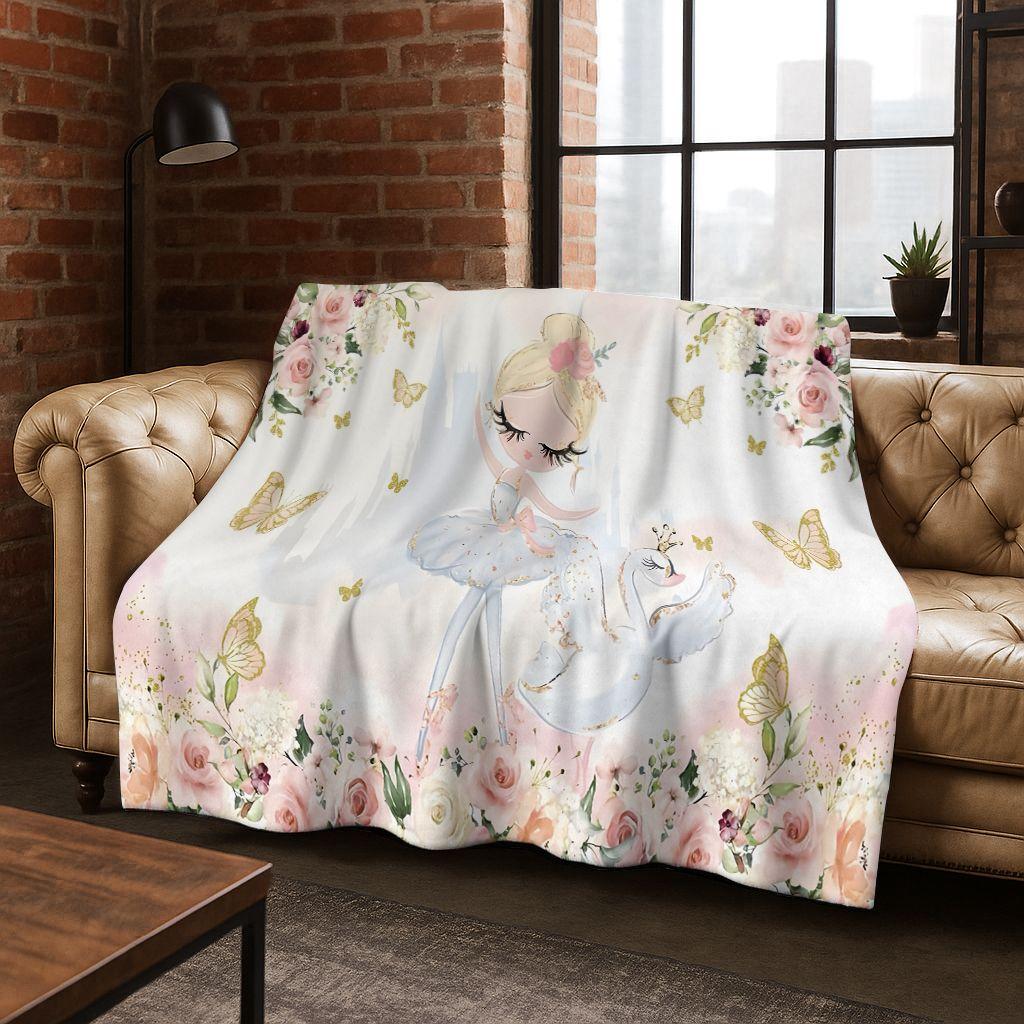 Elegant Ballet Dacing Girl Ballerina Cartoon Flannel Blanket,Cozy Soft Throw Blanket for Home Bedroom Bed Sofa Cover Gift Kids