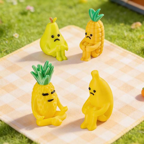 Mini Resin Fruit Figurine Fake Banana Pineapple Cucumber Pear Cone Fruit Model with Cute Grievance Expression for Micro Fairy Garden Accessory