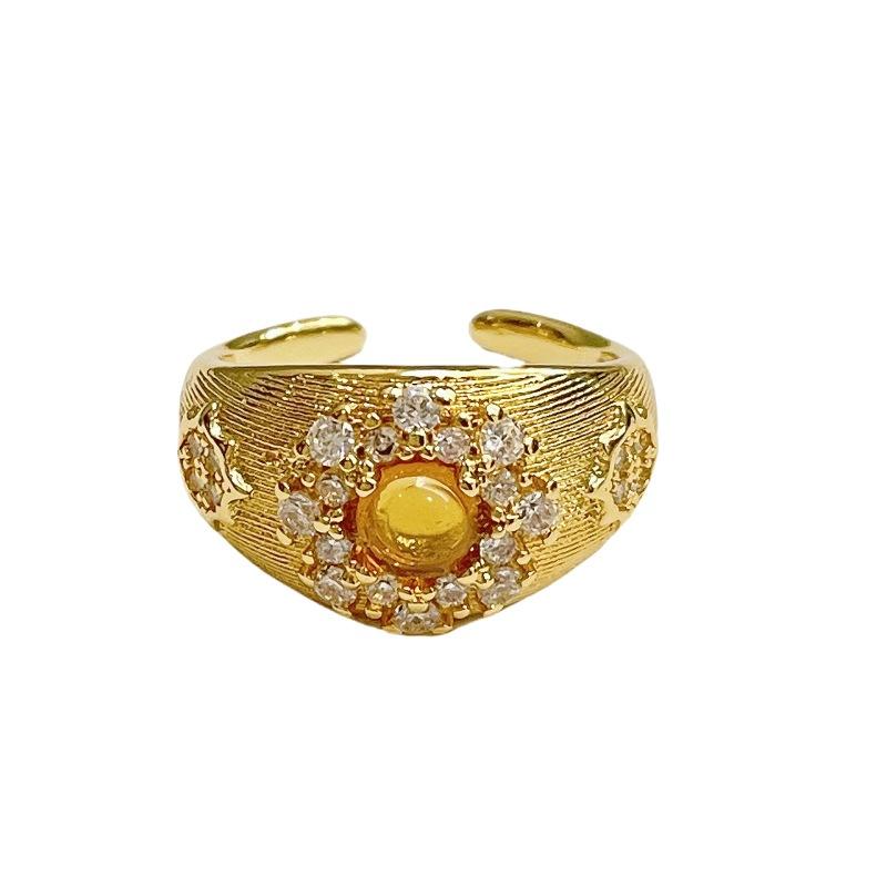 Flower Antique Vintage Brushed Tiger'S Eye Stone Open Ring Niche Retro High-End Accessories Women