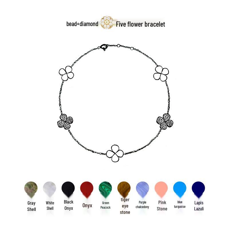 

Браслет «Пятицветный золотой клевер на удачу»: Медь с инкрустациями бриллиантами из черного, белого, красного и зеленого агата. Silver Black Agate