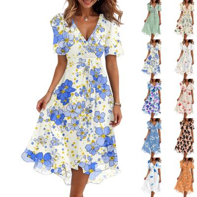 Women's Fashion Casual V Neck Short Sleeve Ruffled Vintage Printed Dresses