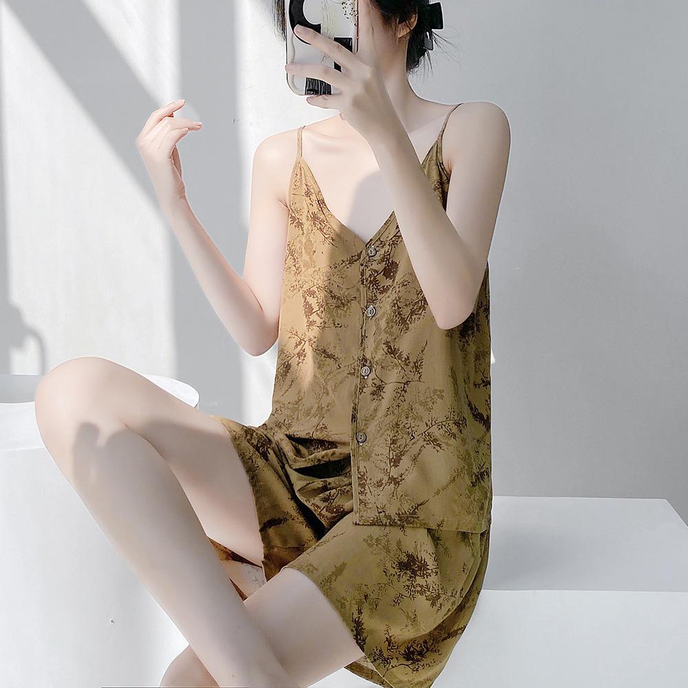 Neo-Chinese Cotton Silk Camisole Pajama Set for Women - Summer 2025 Beach Style