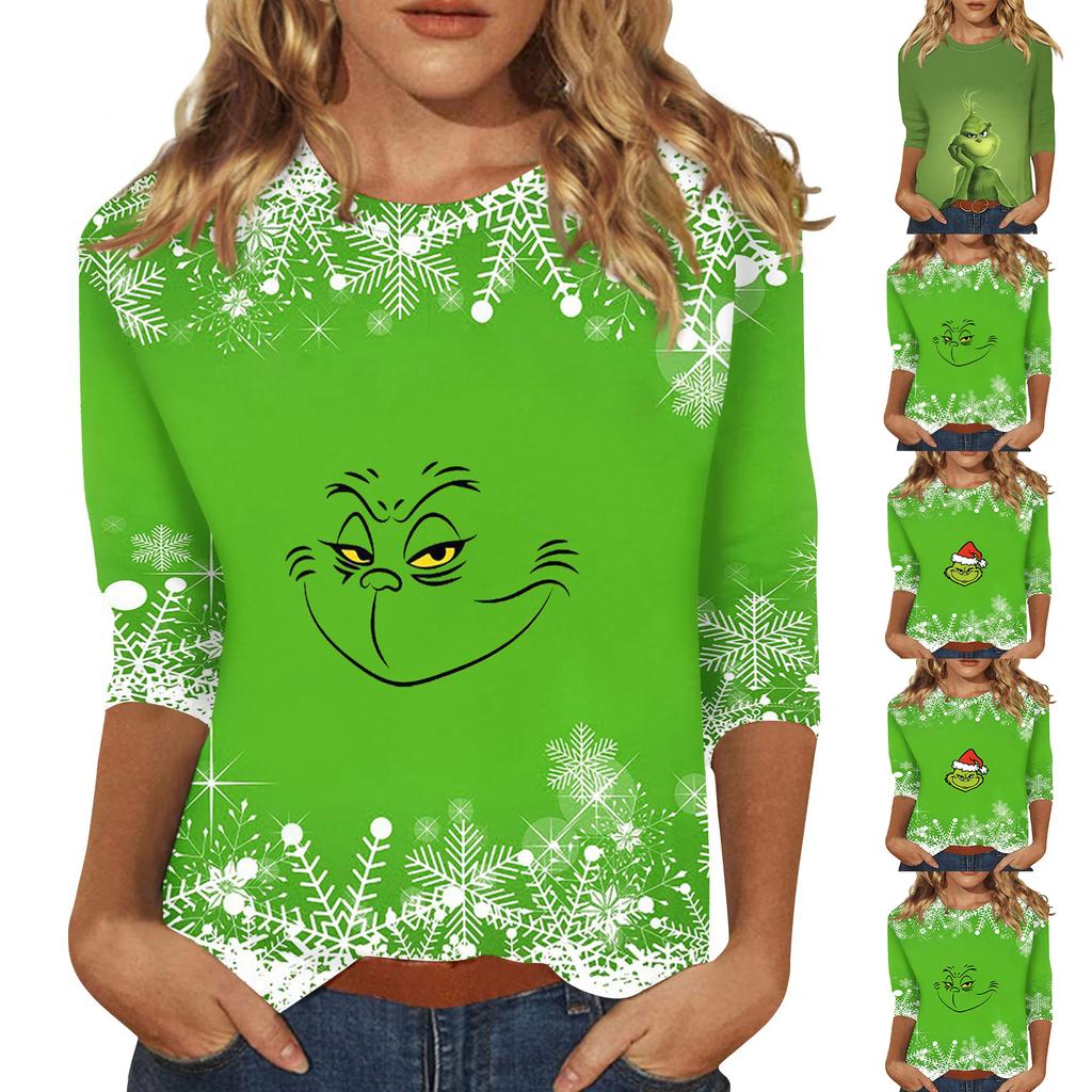 Women's Round Neck Three-Quarter Sleeve  Print Casual Top