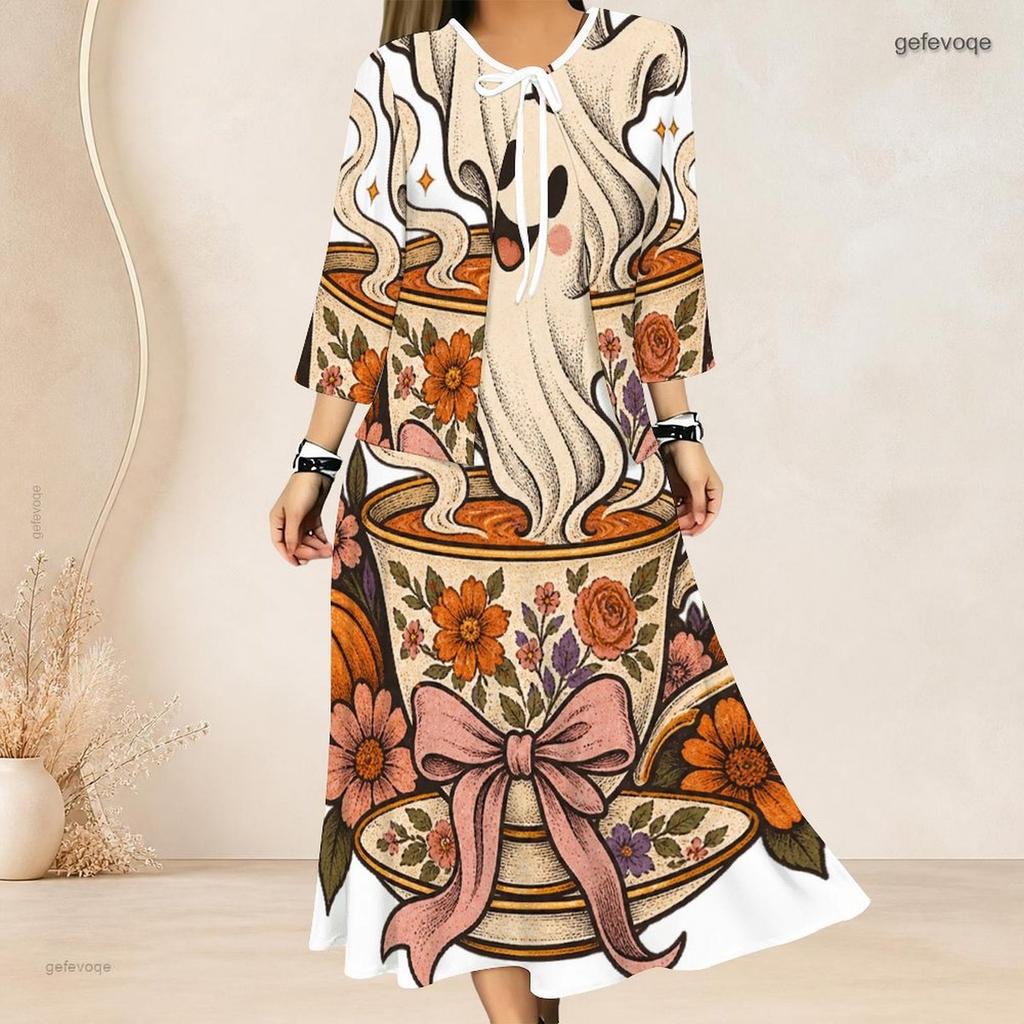 Women Plus Size Two Piece Dress Set Tie Neck Three Quarter Sleeve Cardigan Sleeveless Long Dress Halloween Ghost Pumpkin Printed White